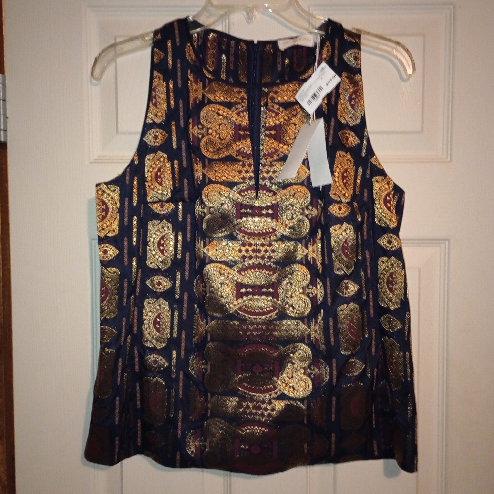 NWT Tory Burch Sleeveless Metallic Jacquard Print Blouse Women's Size 8 - Picture 5 of 9